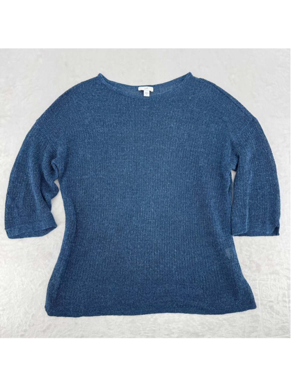 J. Jill Blue Linen Blend Sweater Loose Knit 3/4 Sleeves Cottagecore Coastal Med